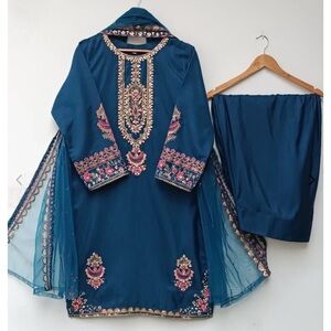 Embroidered Blue Fabric with Gold and Pink Accents